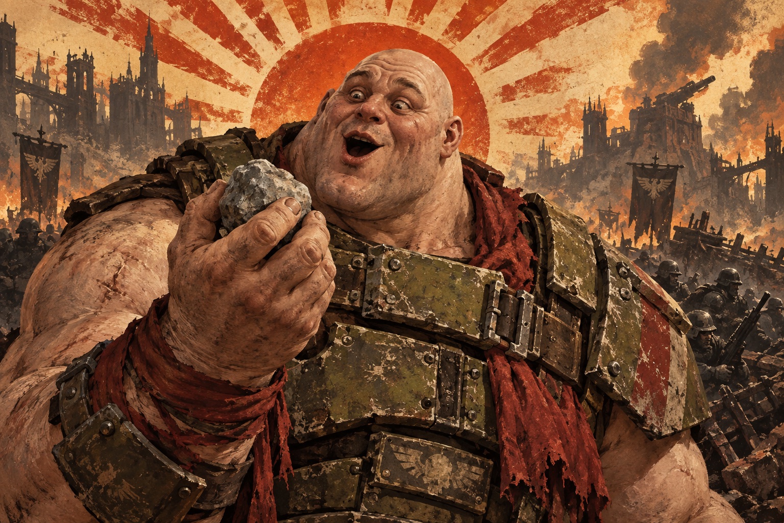 Pogryn, a huge delighted Ogryn in battered armour, proudly holding his favourite rock.